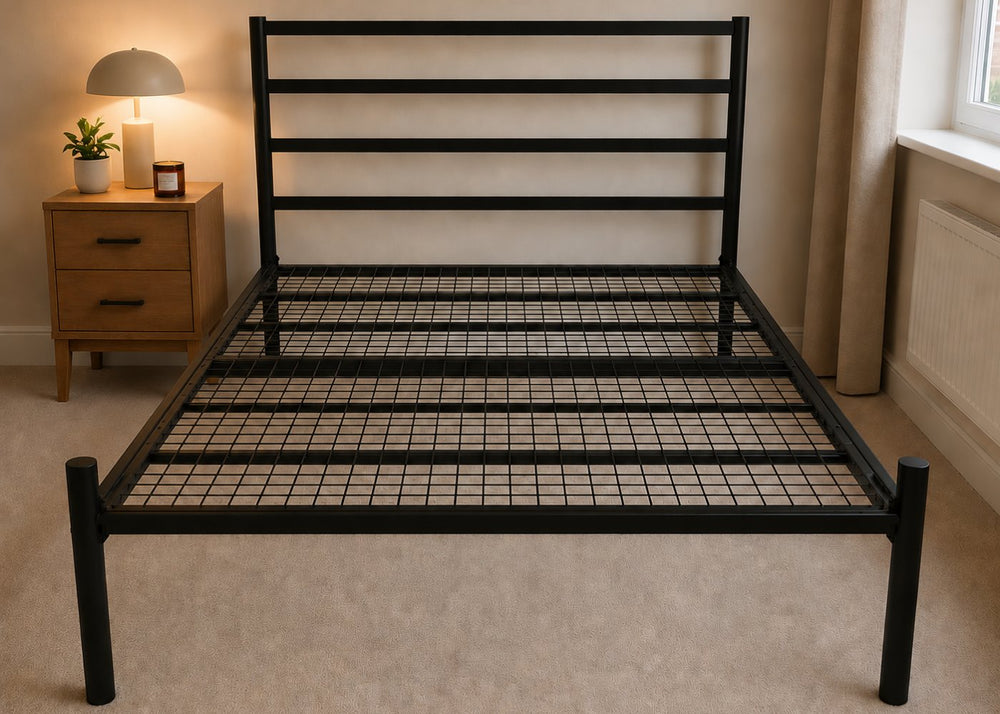 Becky metal bed frame with a slatted headboard and reinforced mesh base.