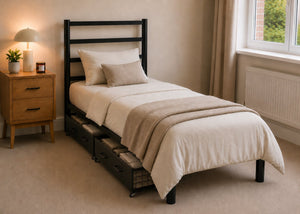 Becky metal bed frame with a slatted headboard and reinforced mesh base, single size with 2 Metal Storage Drawers.