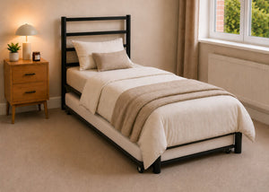 Becky metal bed frame with a slatted headboard and reinforced mesh base, single size with Walton Trundle.