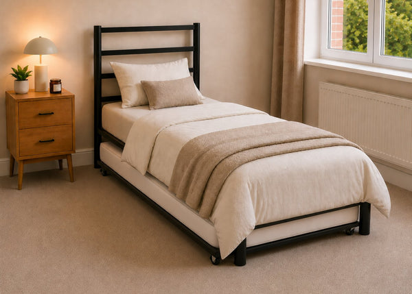 Becky metal bed frame with a slatted headboard and reinforced mesh base, single size with Walton Trundle.