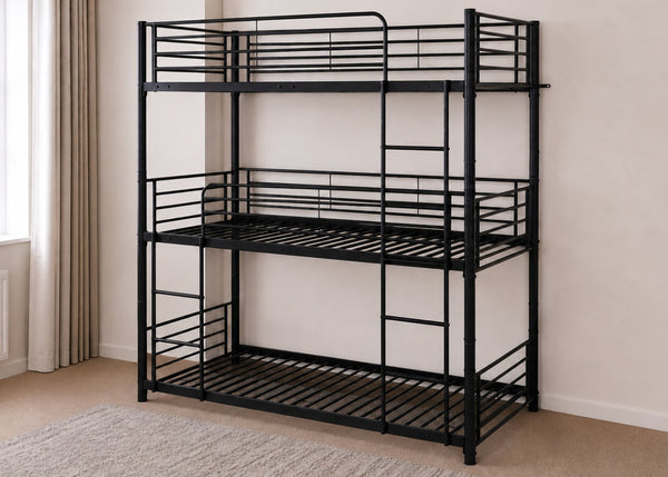 Bircham 3 Tier Bunk Bed in Black, with Reinforced Tubular Slats