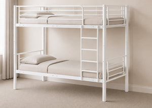White metal bunk bed with reinforced tubular slats, shown in a modern room.