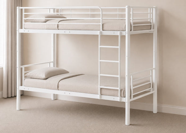 White metal bunk bed with reinforced tubular slats, shown in a modern room.