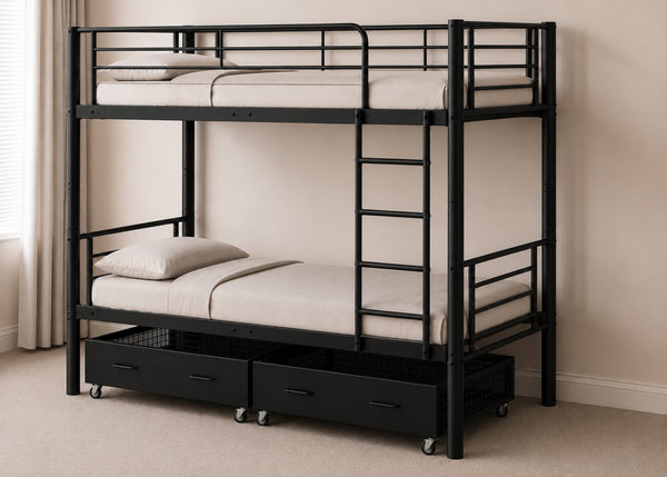 Bircham Black Metal Bunk Bed with 2 Metal Storage Drawers