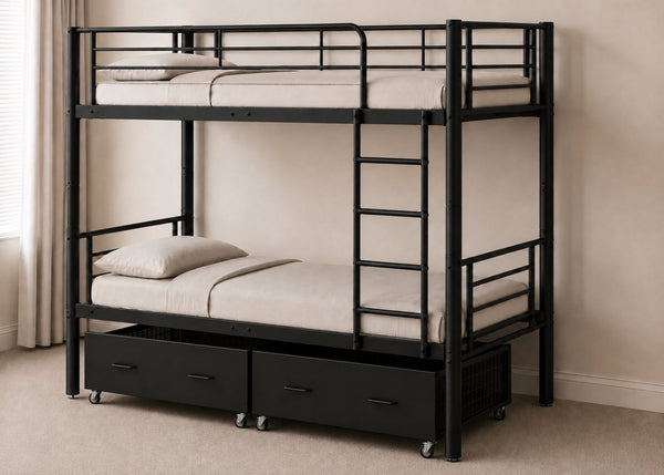 Bircham Black Metal Bunk Bed with 2 Metal Storage Drawers