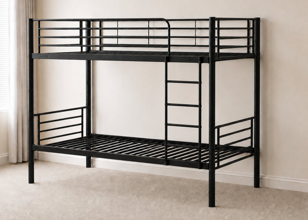 Black metal Bircham bunk bed with a ladder and tubular bar base.