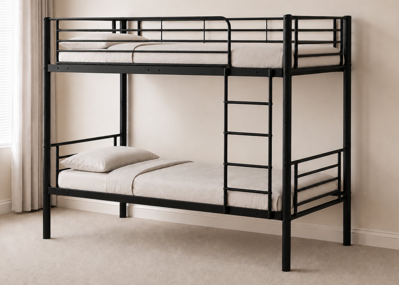 Black metal bunk bed with reinforced tubular slats, shown in a modern room.