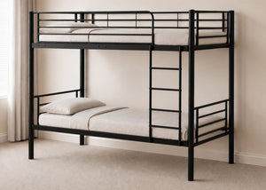 Black metal bunk bed with reinforced tubular slats, shown in a modern room.