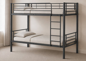 Grey metal bunk bed with reinforced tubular slats, shown in a modern room.