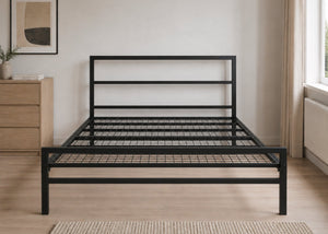 Black Block metal bed frame with reinforced mesh base and thick steel, shown in double size.