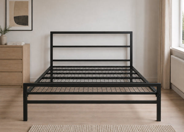 Black Block metal bed frame with reinforced mesh base and thick steel, shown in double size.