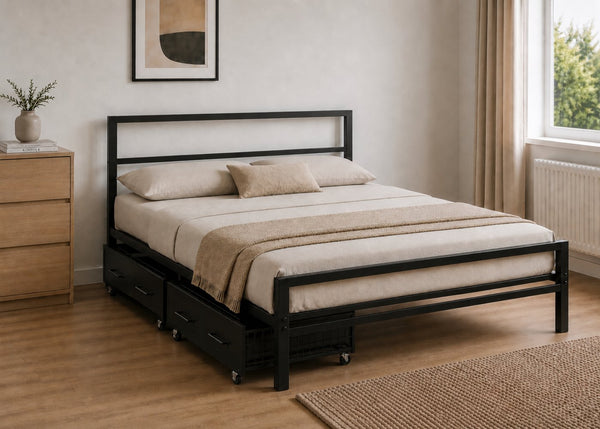 Black Block metal bed frame with reinforced mesh base, thick steel and 2 Metal Storage Drawers