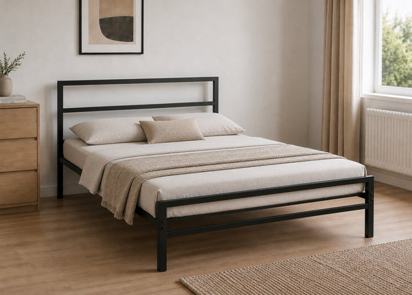 Black Block metal bed frame with reinforced mesh base, thick steel, and minimalist design.