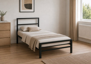 Black Block metal single bed frame with thick steel and reinforced mesh base.