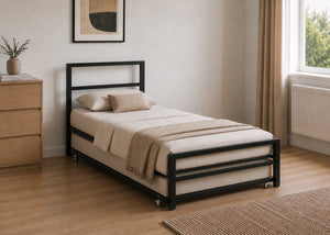 Black Block metal single bed frame with thick steel and reinforced mesh base, with Walton Trundle and Mattress.