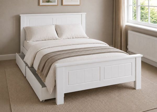 Caister White Wooden Bed in Double Size with Underbed Drawers