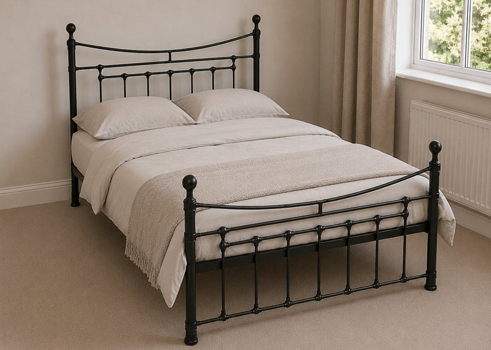 Black Calthorpe metal bed frame with reinforced mesh base, thick steel, and elegant finials.