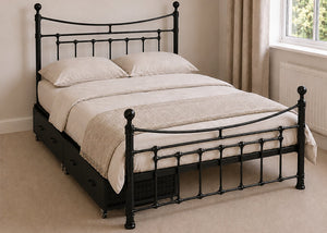 Calthorpe Double Metal Bed with Finial Tops. With Underbed Drawers.