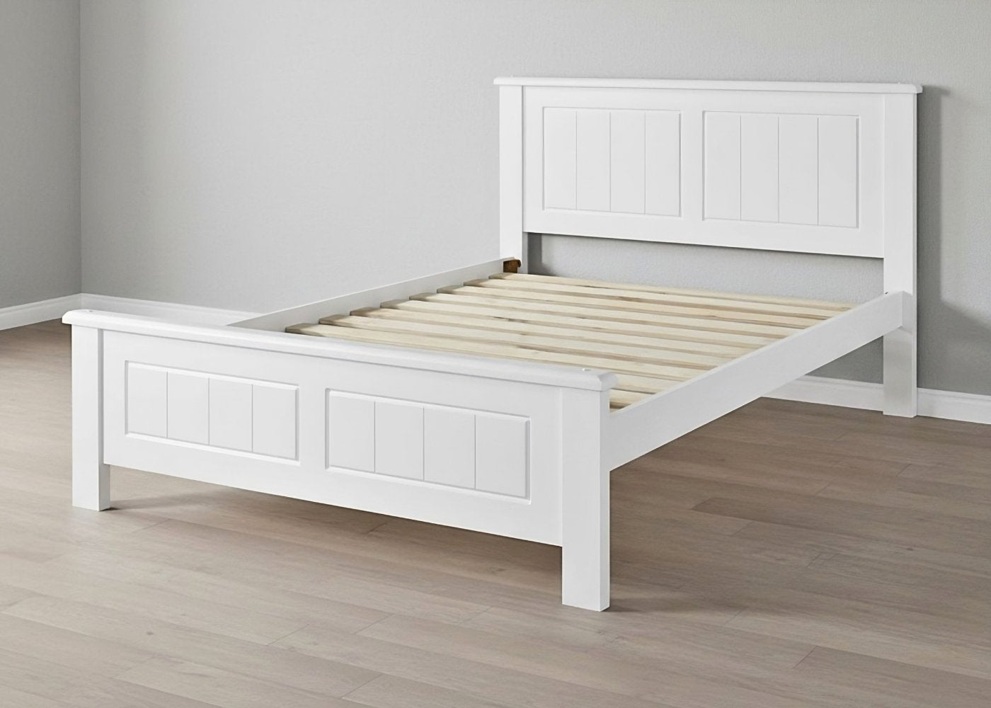 White painted wooden bed frame with a panel headboard, footboard, and solid slats.