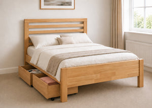 Cawston Bed: Scandinavian-style rubberwood bed frame with slatted headboard, oak finish, and 2 Wooden Storage Drawers.