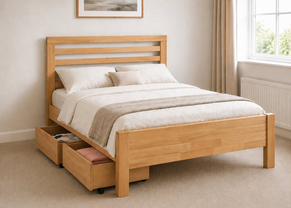Cawston Bed: Scandinavian-style rubberwood bed frame with slatted headboard, oak finish, and 2 Wooden Storage Drawers.
