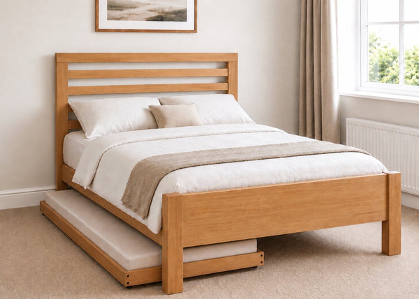 Cawston Bed: Scandinavian-style rubberwood bed frame with slatted headboard, oak finish, and Colney Trundle.