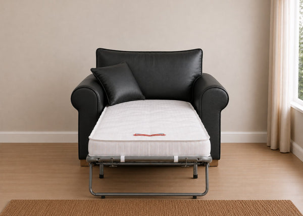 Cedar Sofa Bed Armchair in Faux Leather Black with Natural Feet and Mattress Out