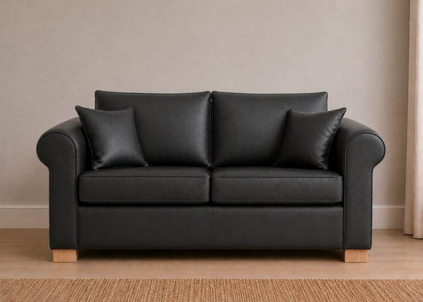 Cedar Sofa Bed in Black Faux Leather with Natural Feet