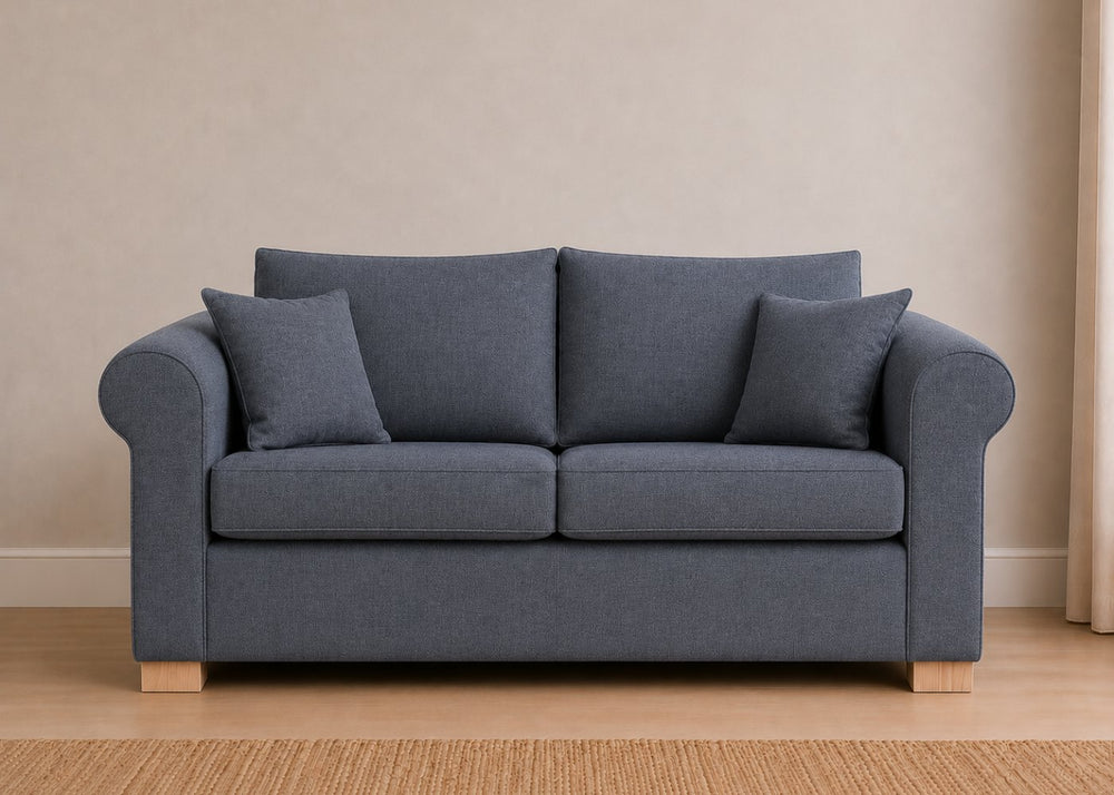 Cedar Sofa Bed in Flat Weave Denim with Natural Feet and Mattress Out