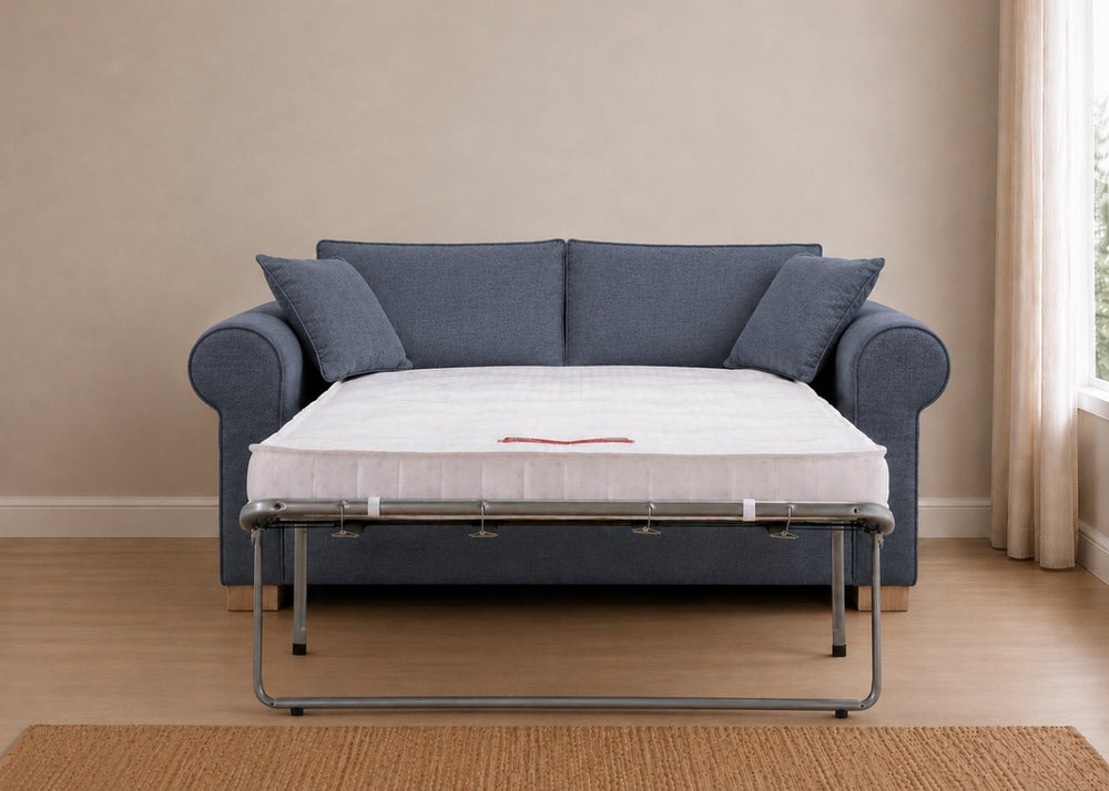 Cedar Sofa Bed in Flat Weave Denim with Natural Feet and Mattress Out