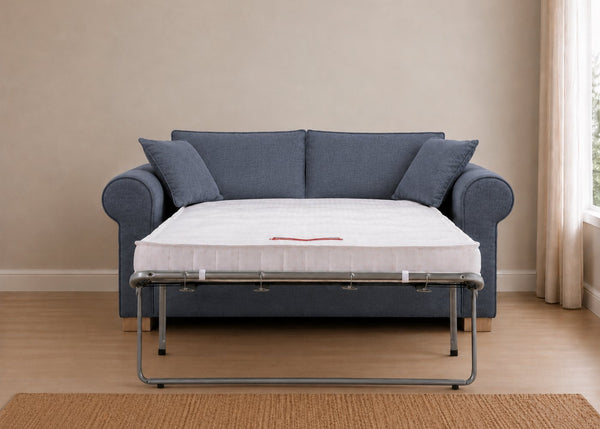 Cedar Sofa Bed in Flat Weave Denim with Natural Feet and Mattress Out