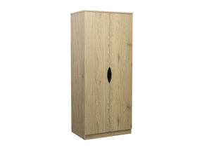 Angled view of wardrobe illustrating rounded corners and open handles
