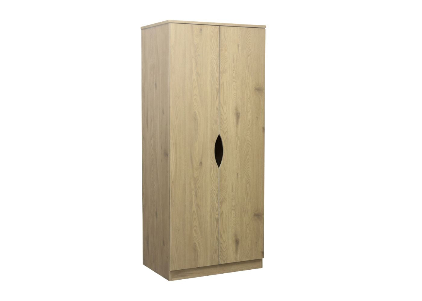 Angled view of wardrobe illustrating rounded corners and open handles