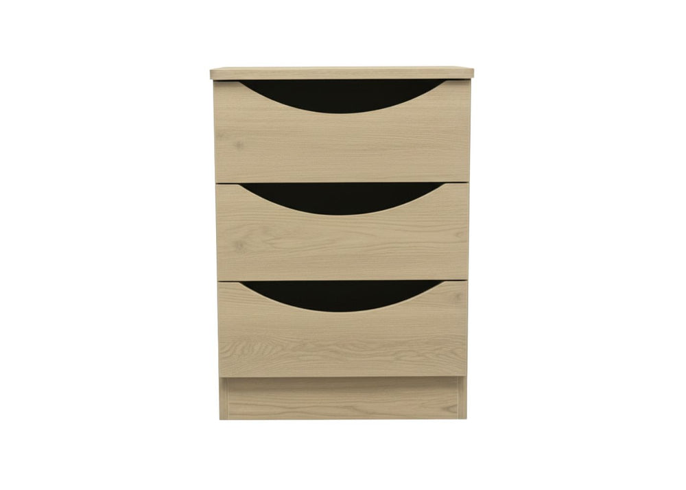 Drawers with open handles and rounded corners in light wood finish