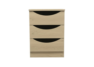 Drawers with open handles and rounded corners in light wood finish