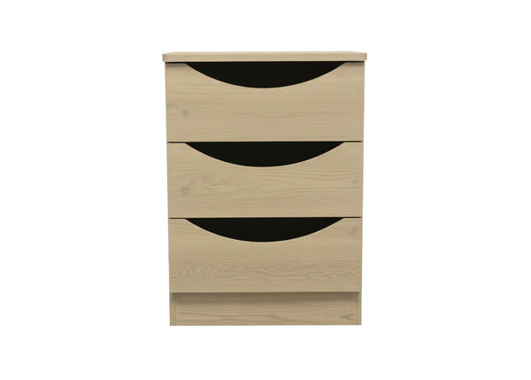 Drawers with open handles and rounded corners in light wood finish