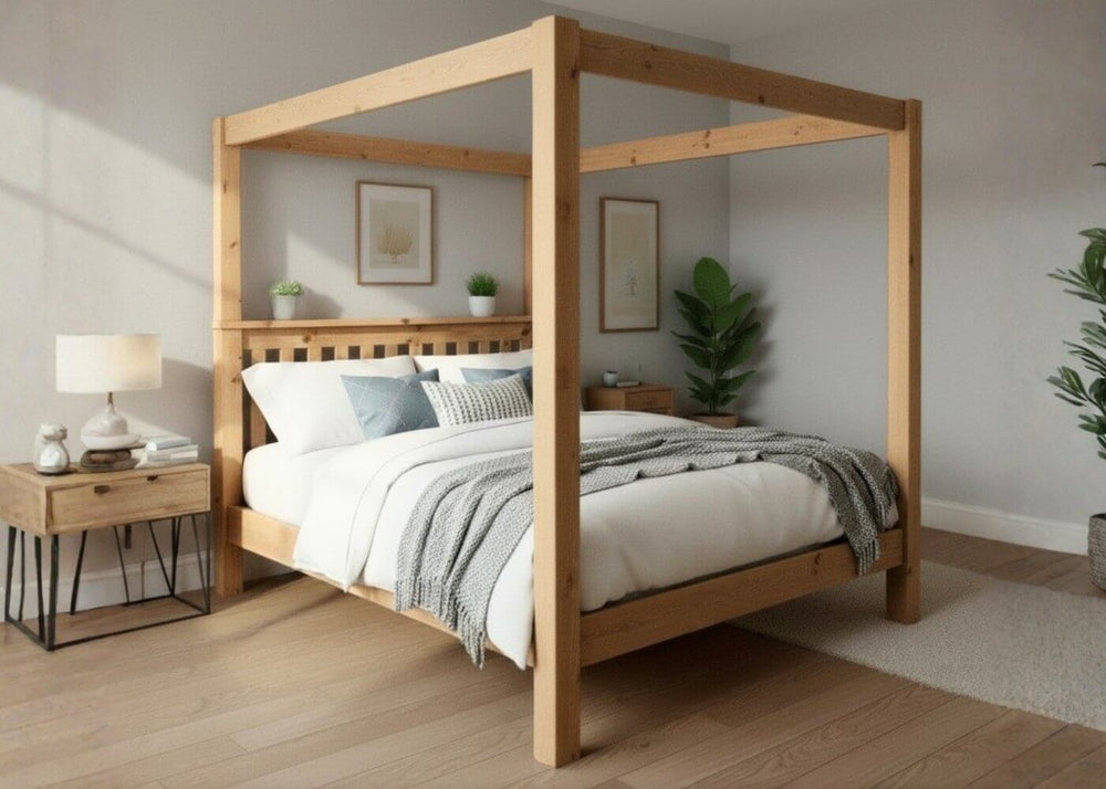 4 poster wood frame finished in oak in high end style