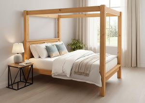 Regent Four Poster bed, natural wood finish, solid wood frame, thick square posts, and slatted base.
