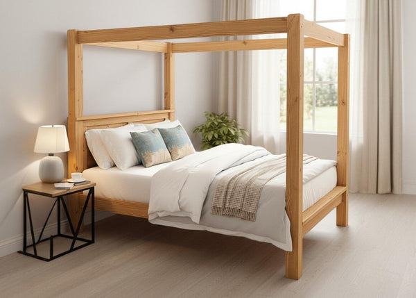 Regent Four Poster bed, natural wood finish, solid wood frame, thick square posts, and slatted base.