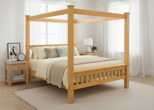 Regent Four Poster bed, natural wood finish, solid square posts, strong upper frame, slatted base.