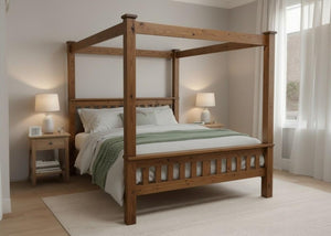 Regent Four Poster bed, solid wood with natural finish, thick square posts, and slatted base.
