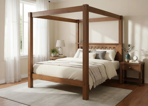 Regent Four Poster bed with a natural wood finish, thick square posts, and a strong upper frame.