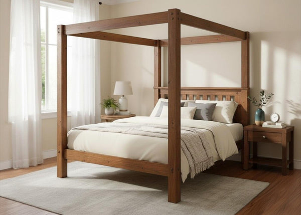 Regent Four Poster bed with a natural wood finish, thick square posts, and a strong upper frame.