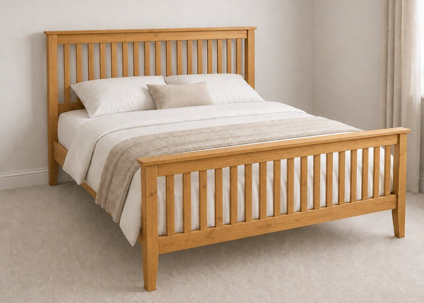 Copenhagen King Size Wooden Bed Frame with High End Footboard | Oak Finish | Shaker Style Design