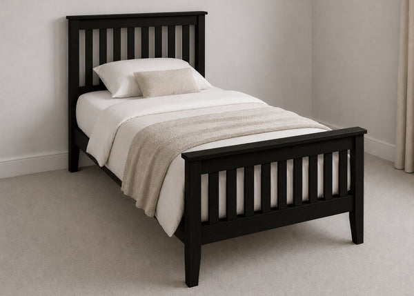 Copenhagen Single Size Wooden Bed Frame with High End Footboard | Black Ash Finish | Shaker Style Design