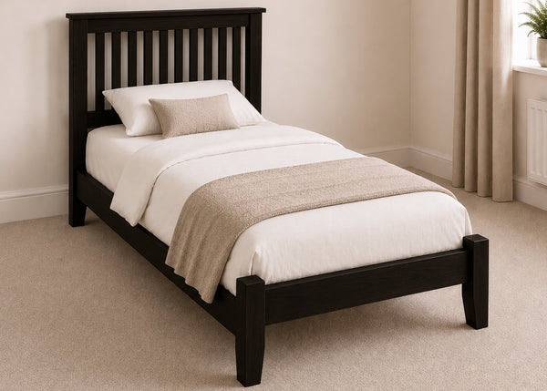 Copenhagen Single Size Wooden Bed Frame with Low End Footboard | Black Ash Finish | Shaker Style Design
