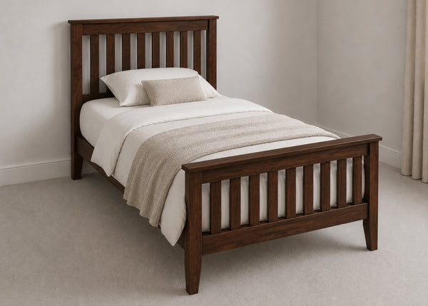 Copenhagen Single Size Wooden Bed Frame with High End Footboard | Chocolate Finish | Shaker Style Design