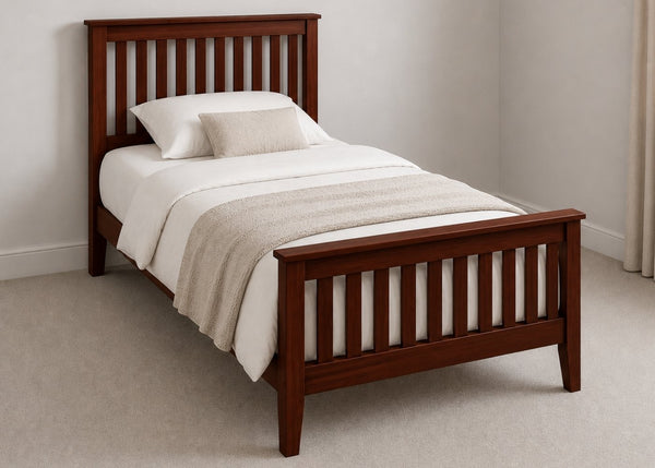 Copenhagen Single Size Wooden Bed Frame with High End Footboard | Mahogany Finish | Shaker Style Design