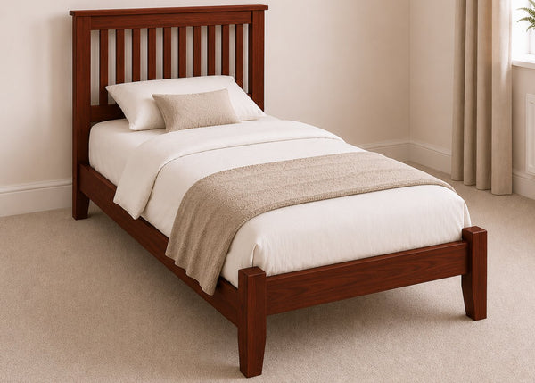 Copenhagen Single Size Wooden Bed Frame with Low End Footboard | Mahogany Finish | Shaker Style Design