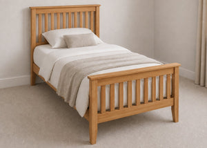 Copenhagen Single Size Wooden Bed Frame with High End Footboard | Oak Finish | Shaker Style Design